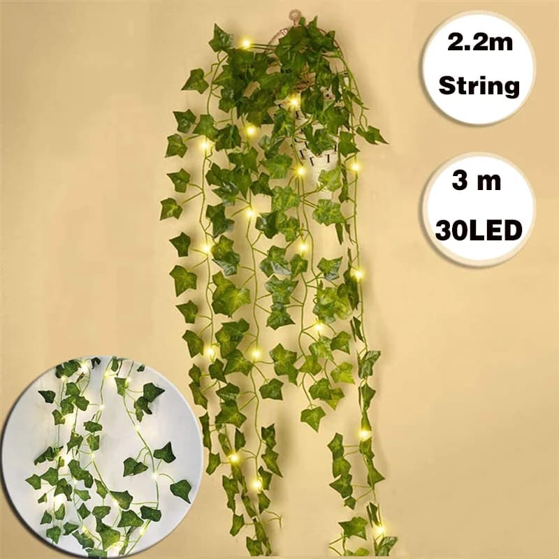 Guirxiété de Cuir oral elu Artificiel avec 30LED, 2m, Fausses Plantes Artificielles, Batterie, 62 Guirlandes Lumineuses en Cuivre pour Décoration de Mariage et de Maison