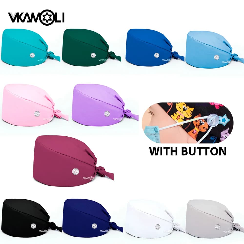 Couleur unie 100% coton casquette chirurgicale médicale infirmière soins capillaires Baotou gommage casquette salon de beauté casquette d'allaitement avec bouton gommage chapeaux