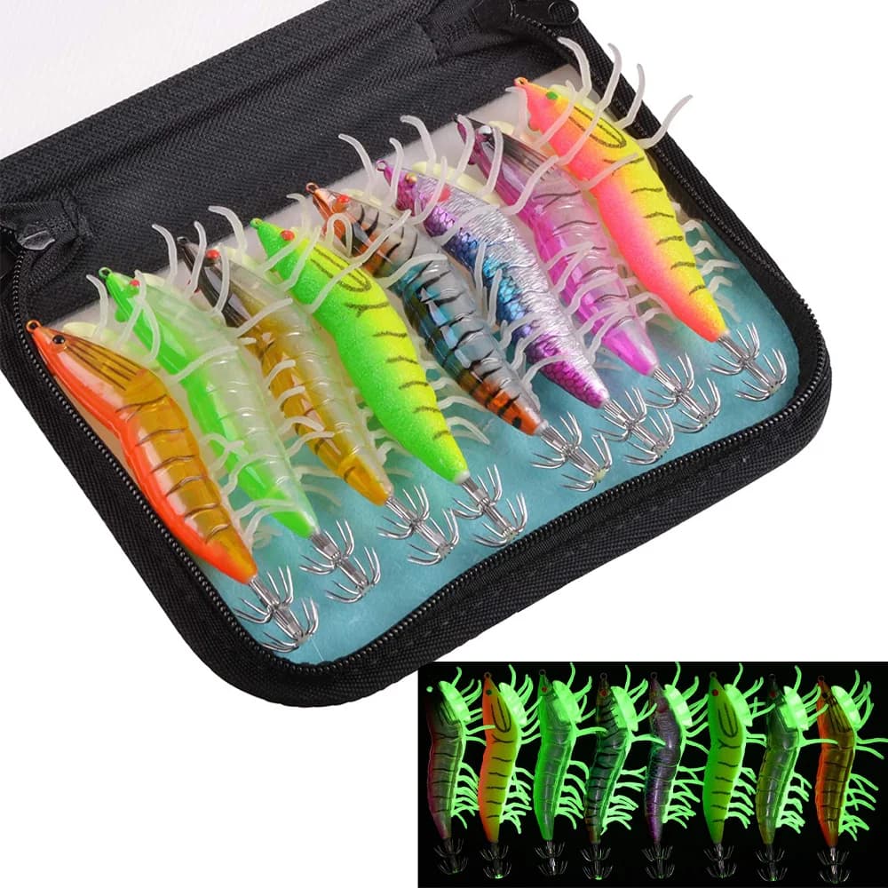8 pièces/sac lumineux 20g calmar leurre de pêche crevettes gabarits bois leurre 3D yeux poulpe leurres seiche appât artificiel gabarits crochet