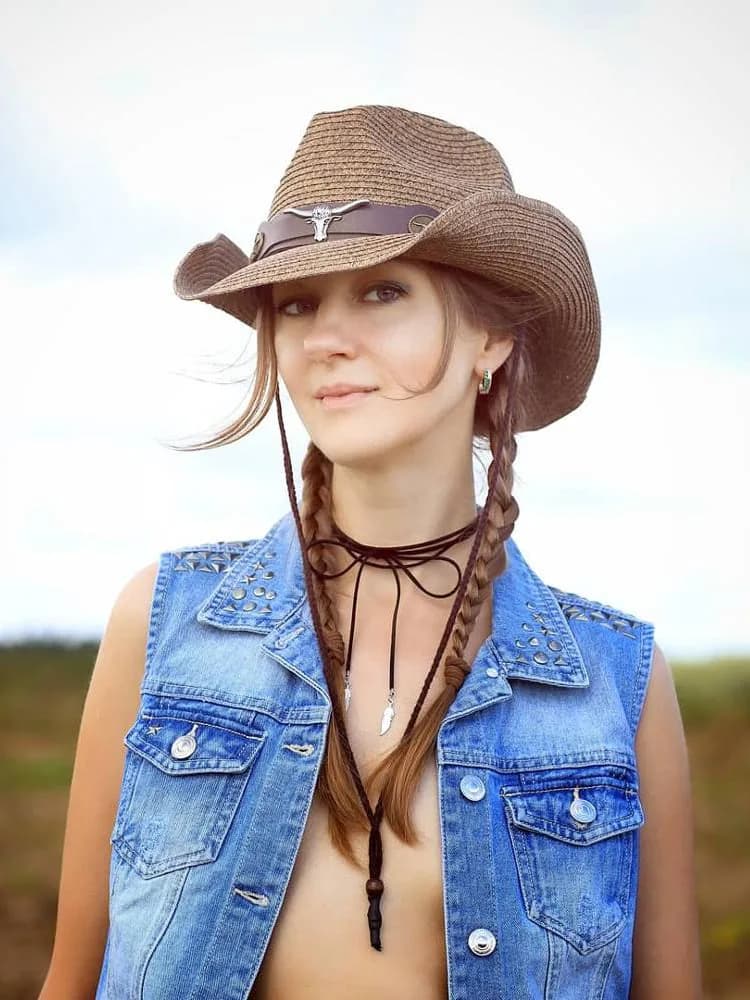 Tête de bœuf bande de cuir décontracté évidé femmes hommes rétro raphia paille large bord casquette de plage Cowboy Cowgirl Western chapeau de soleil (58 cm