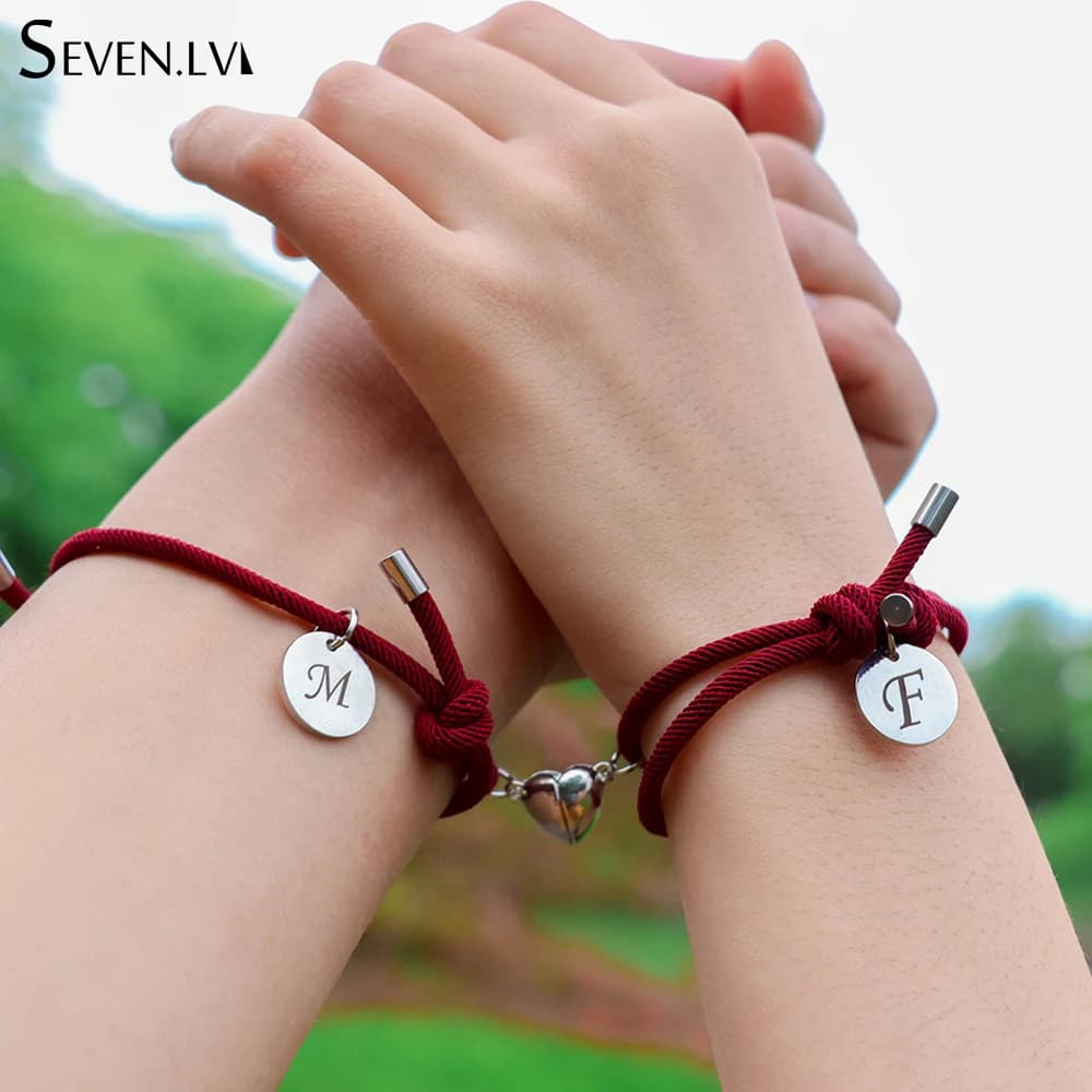 2 pièces/ensemble personnalisé 26 lettres charme couple Bracelet mode coeur aimant attirer tressé corde bracelets pour femmes hommes en gros
