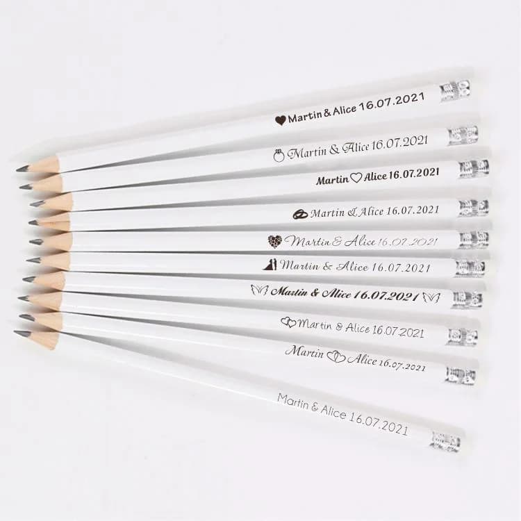 Crayons en bois gravés personnalisés, 20/50/100, stylo de décoration scolaire personnalisé avec gomme, cadeaux de mariage, fête prénatale, 19CM