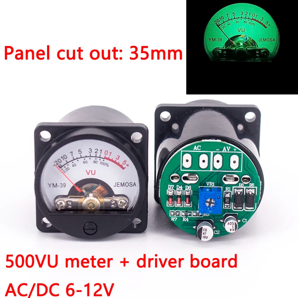 VU-mètre à panneau de 35 mm, 500 VU, avec rétroéclairage vert, mesureur de pression sonore + carte de commande pour VU-mètre de niveau audio, entrée DC/AC 6-12 V.
