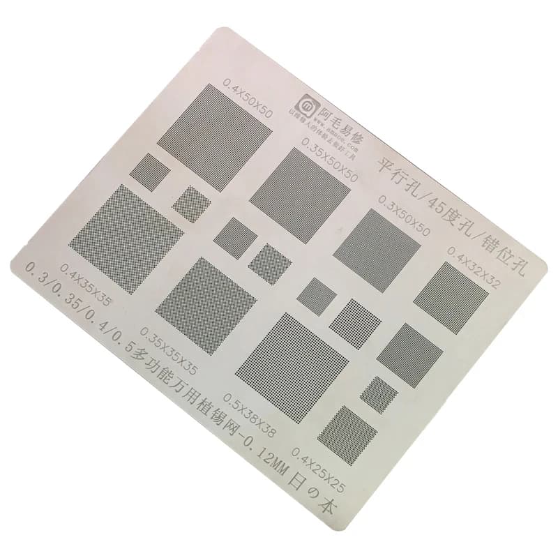 AMAO Pochoir BGA universel multifonctionnel à trous de 0.3/0.35/0.4/0.5/parallèles/45 degrés, 0.12MM, pour soudure à chaleur directe et réparation