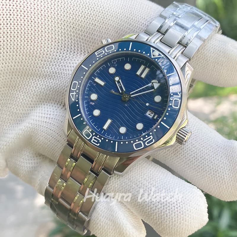 Montre automatique pour hommes, cadran bleu en céramique, lunette en acier inoxydable, haute qualité, 41mm, vis à couronne, Date