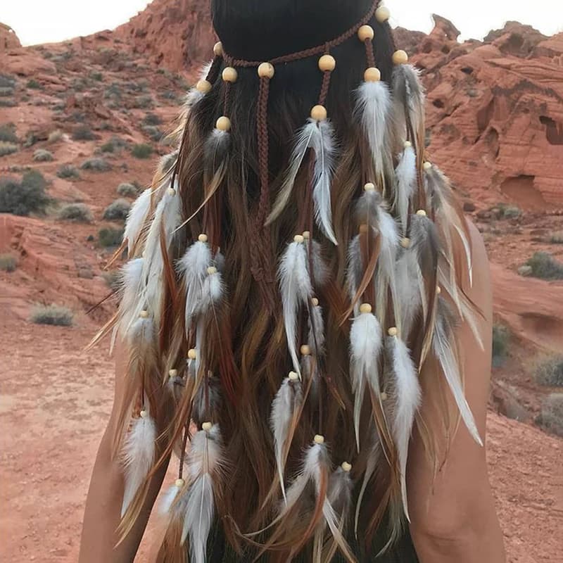 Bandeau bohème indien gitane avec plumes blanches et brunes, en chanvre, pour mascarades de Festival, carnaval
