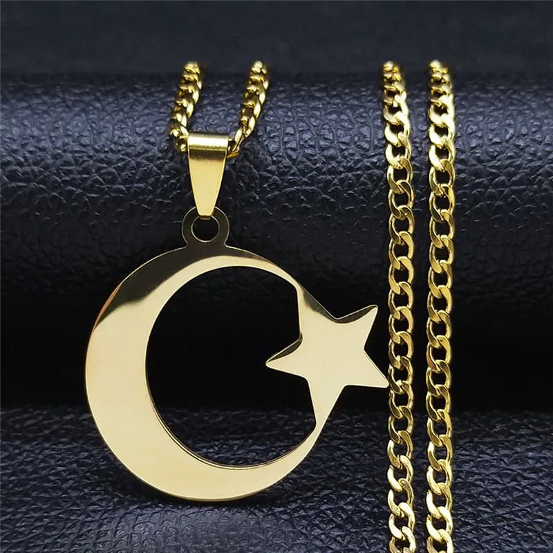 Colliers en acier inoxydable avec pendentif étoile et croissant de lune islamique pour femmes, couleur or, bijoux amulette, cadeau
