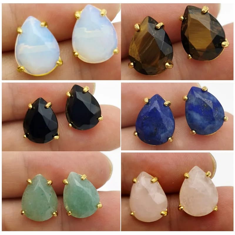 Boucles d'oreilles en forme de goutte d'eau, couleur dorée, pierre naturelle à facettes, cristal de Quartz rose, œil de tigre, opale, bijoux de guérison pour femme