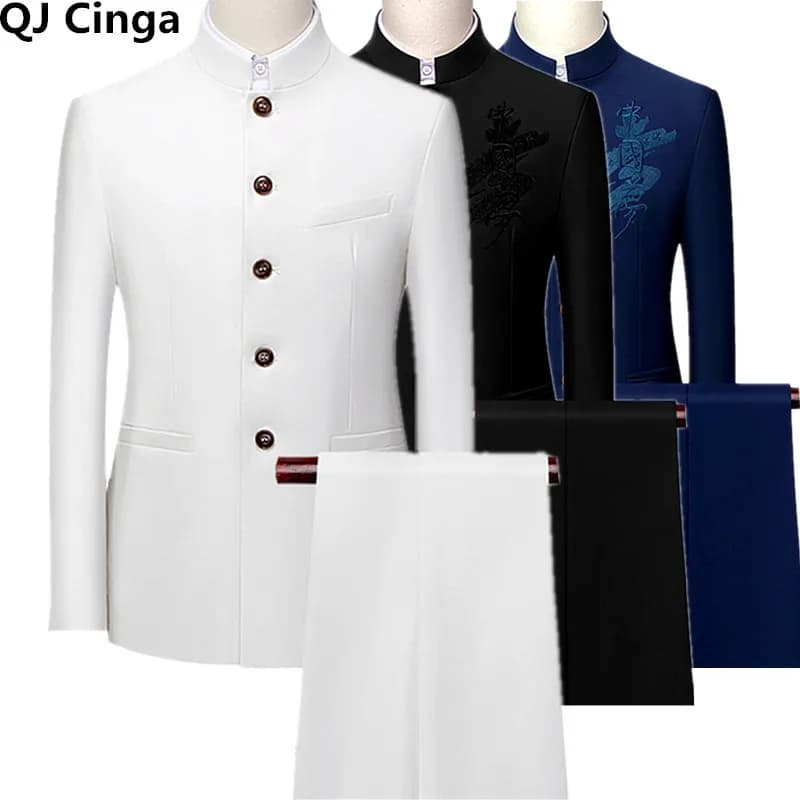 Costume pour homme blanc à simple boutonnage, col montant, 2 pièces, style chinois, veste blazer rouge ajustée et pantalon, noir, bleu, jaune.