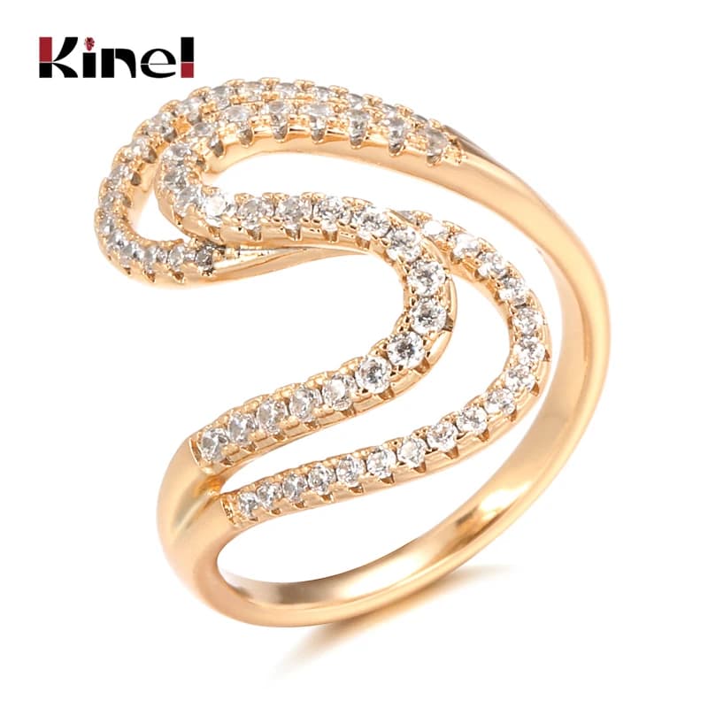 Kinel nouveautés 585 bague en or Rose vague géométrique naturel Zircon bagues pour les femmes de mariage bijoux de mode cadeau en cristal