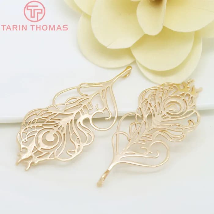 (895) 2 pièces 64*28MM 24K Champagne couleur or laiton grande plume de paon pendentifs bijoux à bricoler soi-même résultats accessoires en gros
