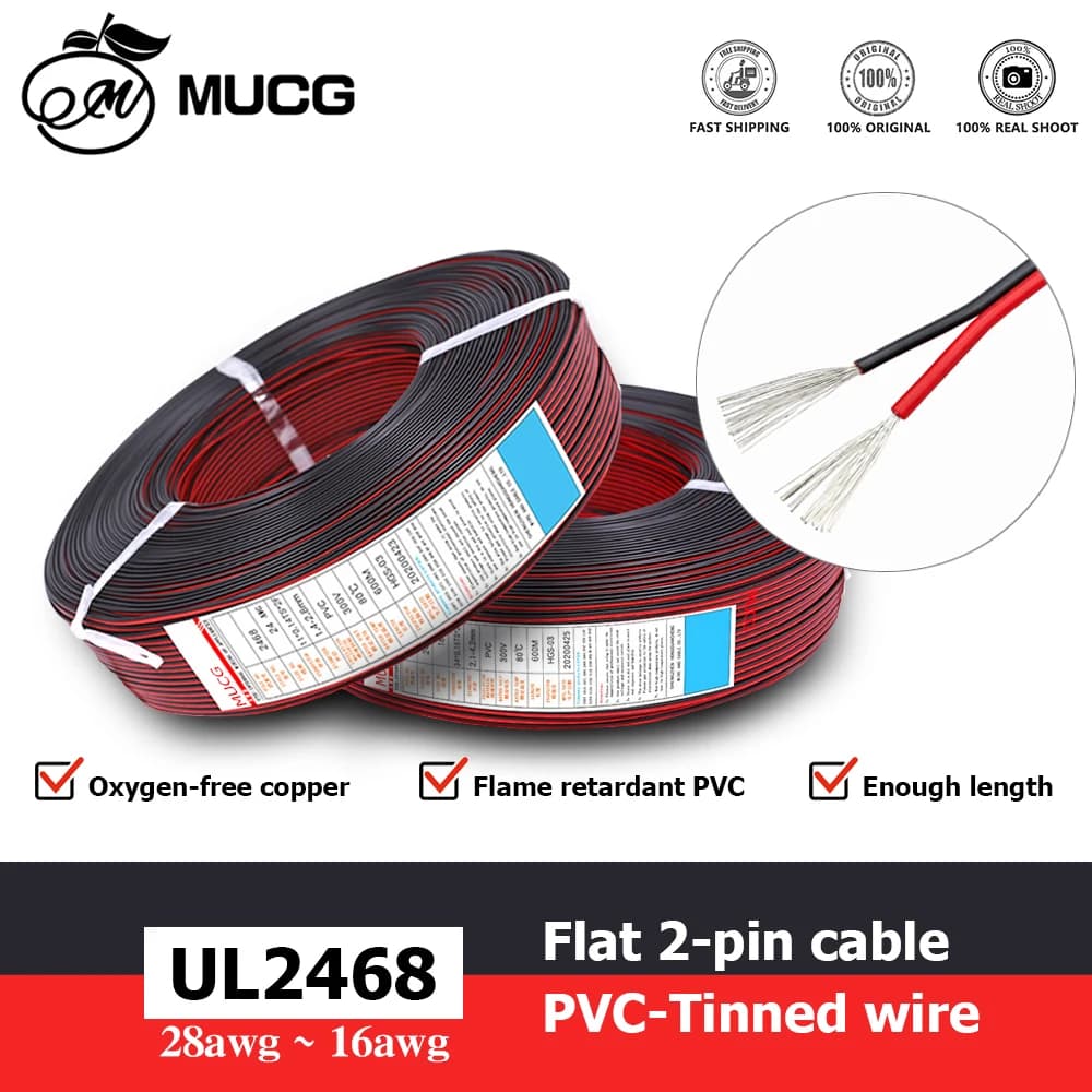 Câble à 2 broches rouge et noir, fil électrique plat 5V 12V 24V LED automobile, fils électriques de voiture 18AWG 16AWG 20AWG 16 18 20 24 26 28 AWG
