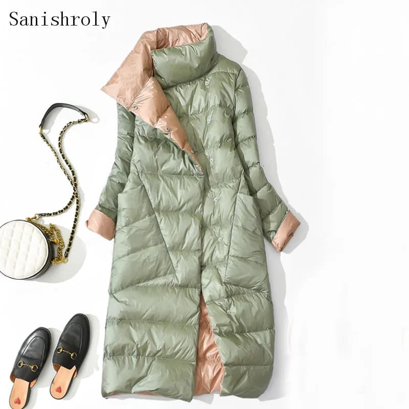 Manteau Double face en duvet de canard blanc clair pour femme, veste longue à carreaux, simple boutonnage, chaud, Parka, automne hiver 2021
