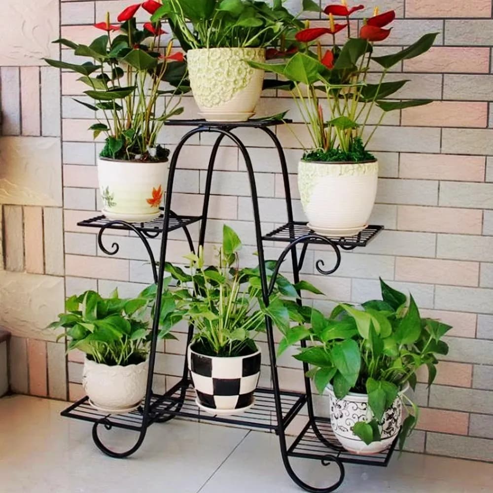 Support de plante à plusieurs niveaux pour intérieur et extérieur, étagère en métal noir, pot de fleur, présentoir, T1, 6 niveaux
