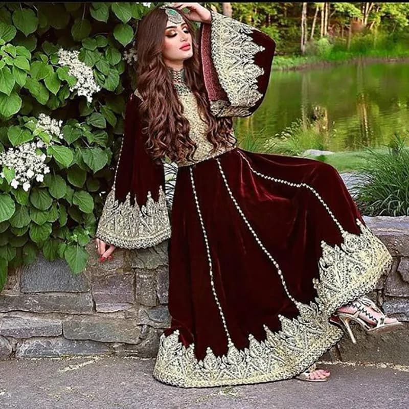 Robes de Rhmusulmanes en velours bordeaux traditionnel, manches bouffantes, dentelle dorée, caftan arabe, robe de soirée perlée, fête indienne, personnalisation