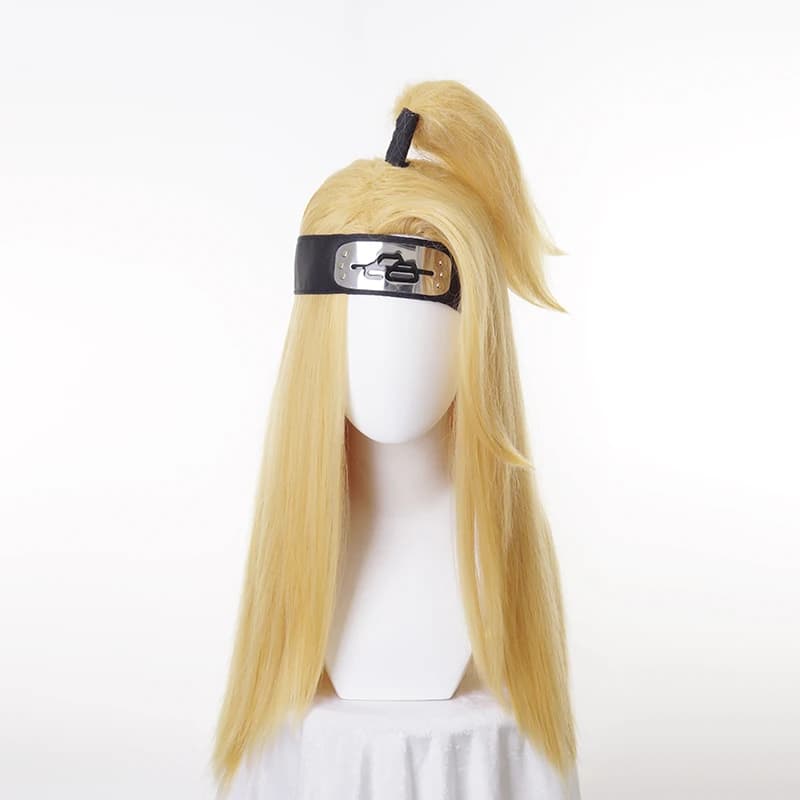 Akactuki Cosplay perruques halloween Deidara cosplay perruque pour hommes longues perruques dorées cheveux synthétiques + bandeau + bonnet de perruque