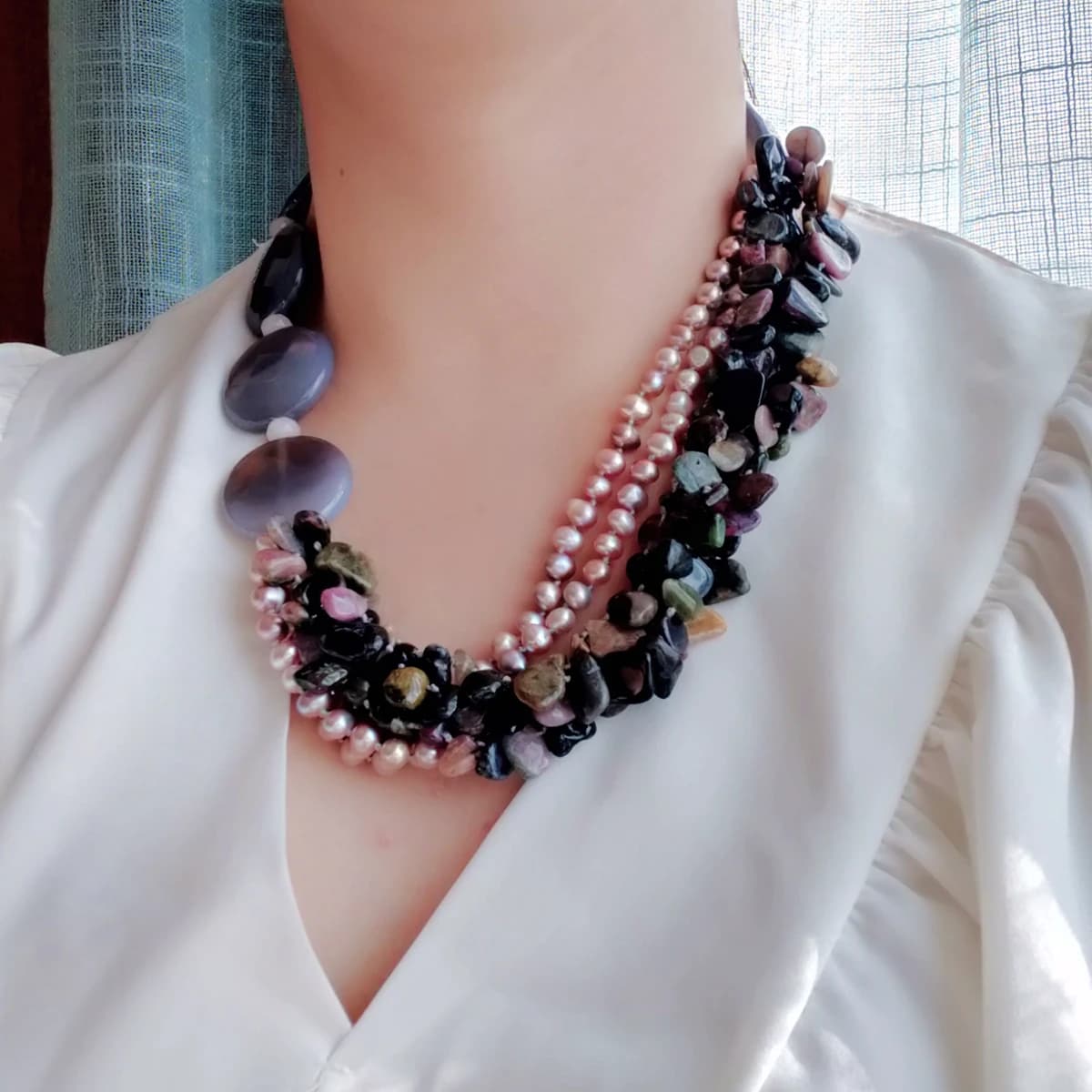 Vei Ji-Collier en pierre véritable pour femme, tourmaline violette, perle d'eau douce, agates grises, 6 rangées, bijoux uniques, 53cm