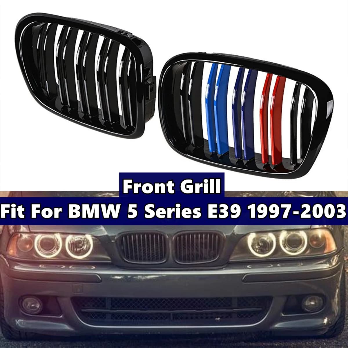 Grille de rein de capot de pare-chocs avant, grilles à lattes de tourisme, style sport M, noir brillant, BMW Série 5, E39, 1995-2004, 256, 2 pièces