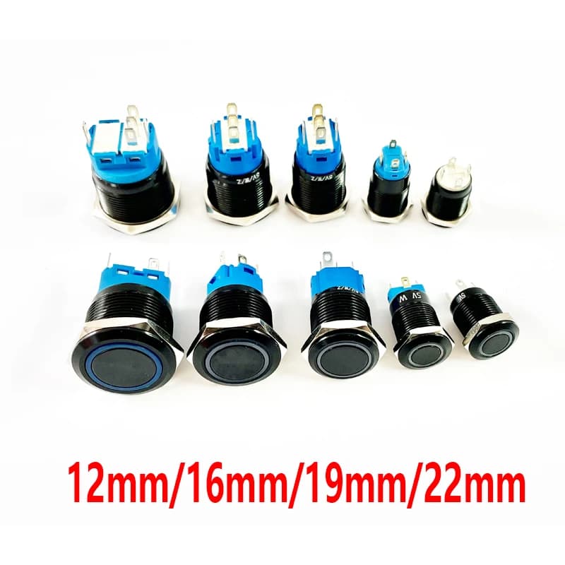 Interrupteur à bouton-poussoir noir 12/16/19/22mm, étanche, éclairé par LED, en métal plat, interrupteurs momentanés avec marquage d'alimentation 5V 12V 24V