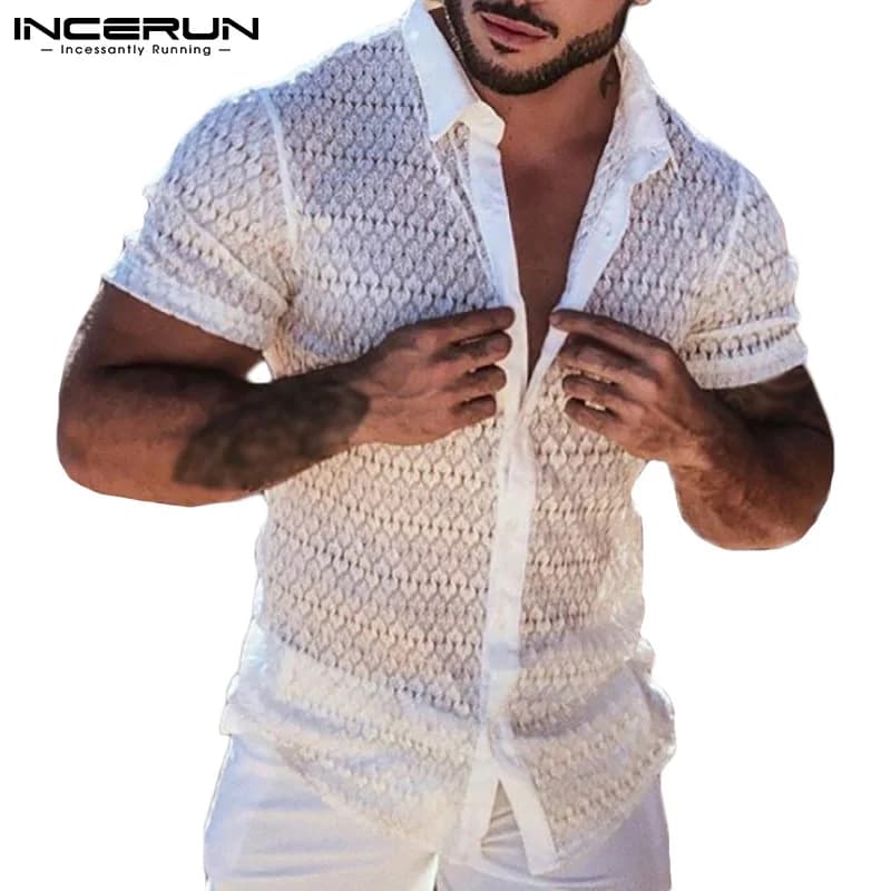 INCERUN hommes maille chemise dentelle revers manches courtes Streetwear 2023 voir à travers décontracté Y-Sexy fête discothèque chemises Camisas S-5XL