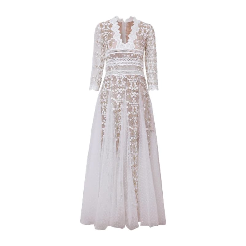 Robe de soirée en dentelle brodée pour femme, manches longues, élégante, taille haute, française, formelle, blanche, éducative, nouvelle collection 2022