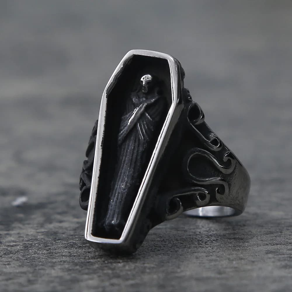 Bague en forme de crâne de Vampire pour homme, anneau Unique en acier inoxydable noir, Punk, cercueil, anneau gothique, vente en gros, bijoux cadeau