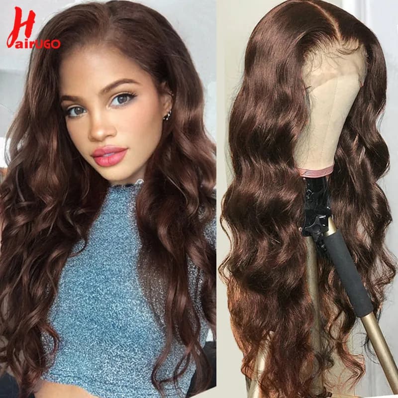 HairUGo – perruque Lace Closure wig péruvienne naturelle, Body Wave, brun, chocolat, 4x4, pour femmes