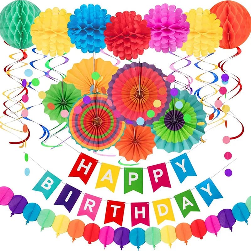 Décorations d'anniversaire 28 pièces, decoration anniversaire fille,éventails en papier suspendus, ficelle à pois, fleurs Pom Poms, décor de bannière joyeux anniversaire