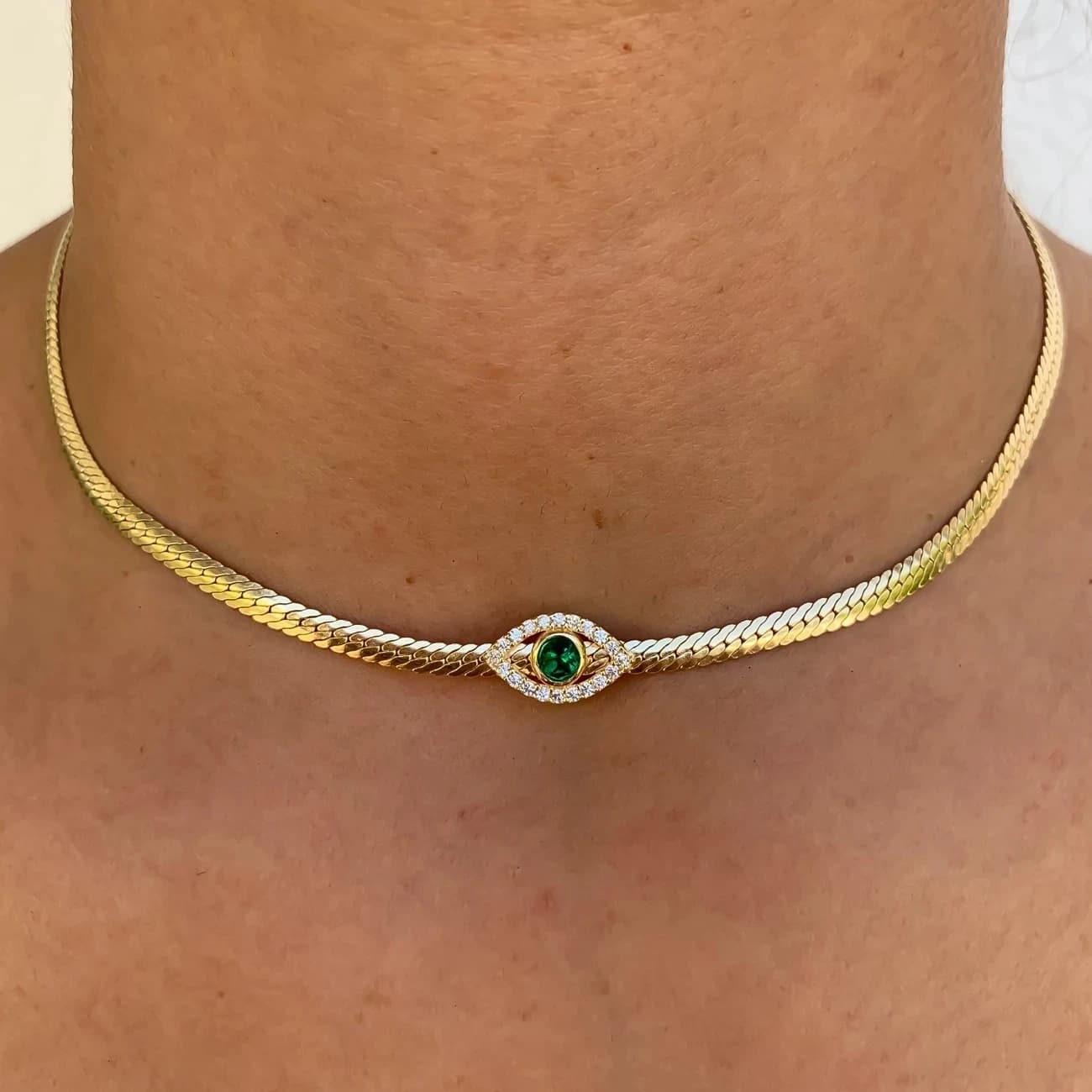 2025 été nouvelle mode 4MM plaine chevrons serpent chaîne Micro pavé CZ vert mauvais œil charme collier ras du cou bijoux pour les femmes