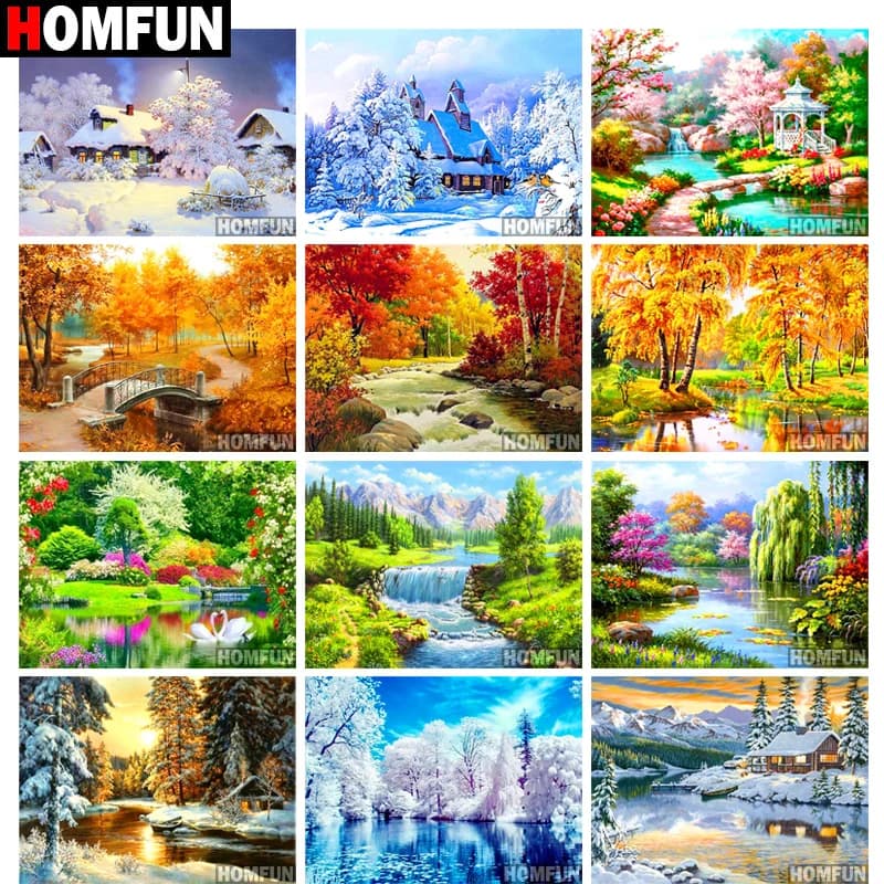 HOMFUN – peinture diamant thème "Scenic Spring Winter", broderie complète 5D, perles carrées ou rondes, points de croix, à faire soi-même