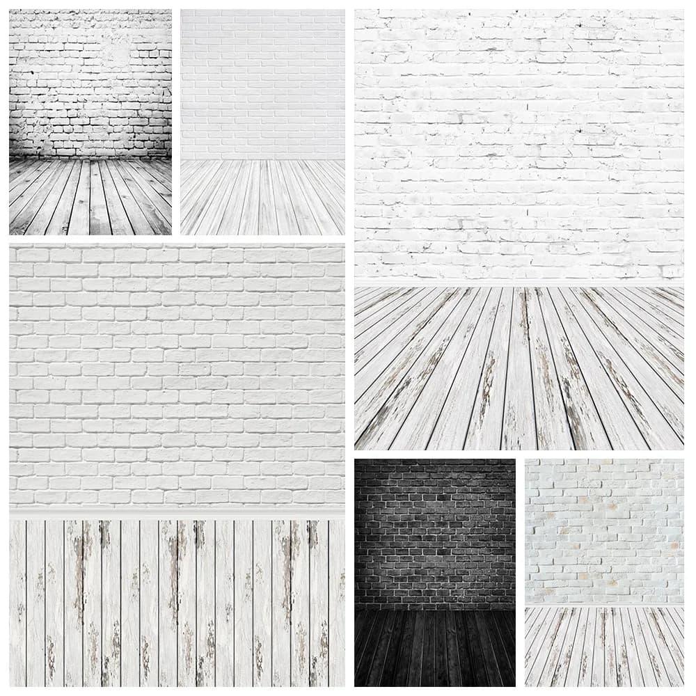 Arrière-plan de sol en bois de mur de brique gris et blanc, jouet de Portrait de réception-cadeau pour bébé, gâteau d'animal de compagnie, arrière-plan de photographie d'anniversaire pour Studio Photo