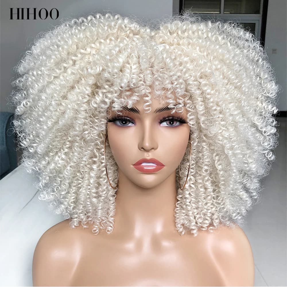 Perruques Afro courtes crépues bouclées avec frange pour femmes noires, perruque de Cosplay Lolita synthétique naturelle Blonde blanc rose bleu vert