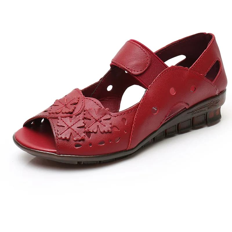 Sandales d'été en cuir véritable pour mère, faites à la main, talons bas, antidérapantes, chaussures décontractées à fond souple pour personnes d'âge moyen et âgées