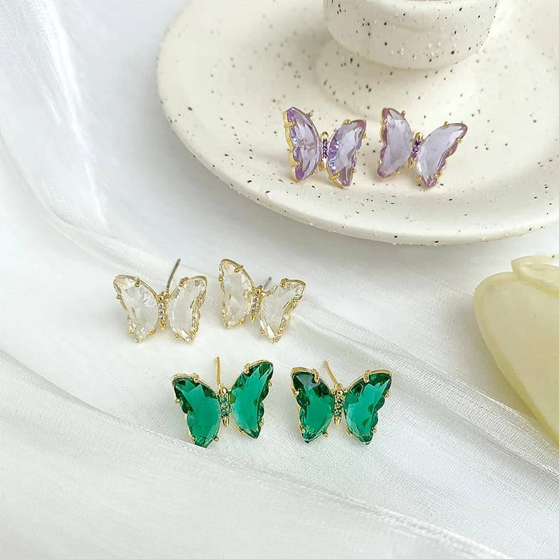 Boucles d'oreilles papillon en cristal pour femmes, vert, rose, violet, bijoux coréens mignons, mode, boucle d'oreille Bricons