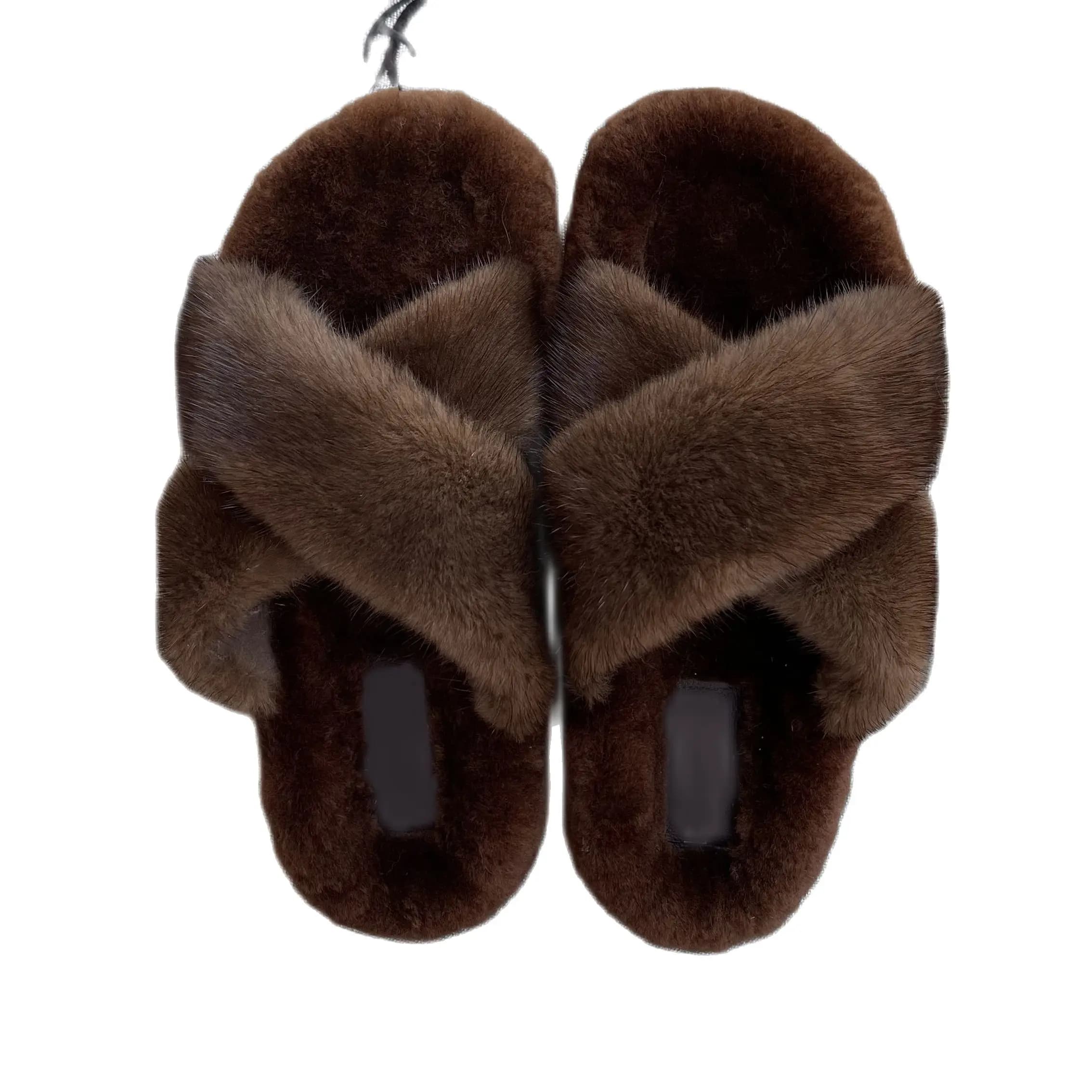 Pantoufles de Luxe en Fourrure 2024 pour Femme, Chaussures d'Été, 100%