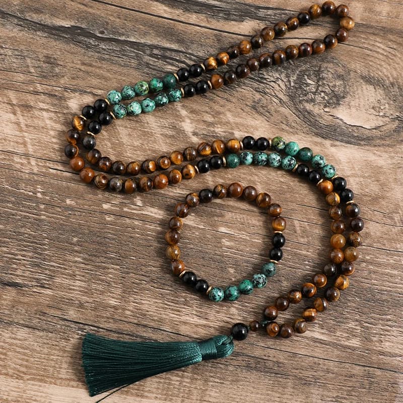 Collier Mala 108 Perles avec Pompon, en Œil de Tigre Jaune 8mm, Turquoise Africaine, Onyx Noir, Japamala, pour Méditation, Yoga et Bijoux Spirituels