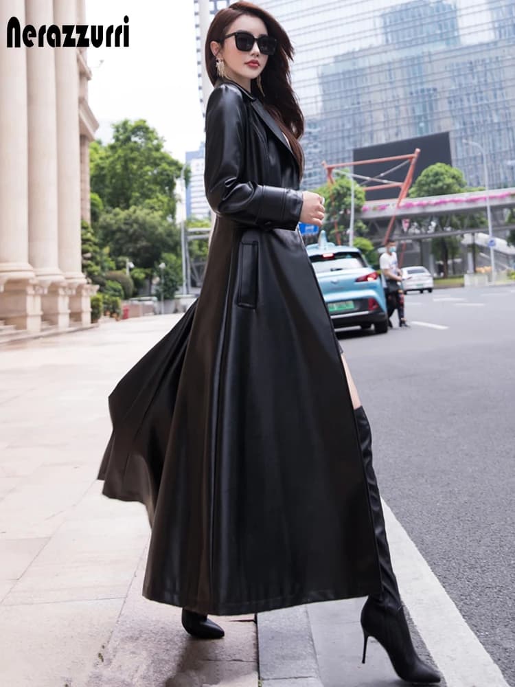 Manteau Trench en Cuir Maxi Évasé et Ajusté Nerazzurri pour Femme, Collection Printemps 2021, Vêtement de Luxe de Créateur, Manches Longues, Col Revers