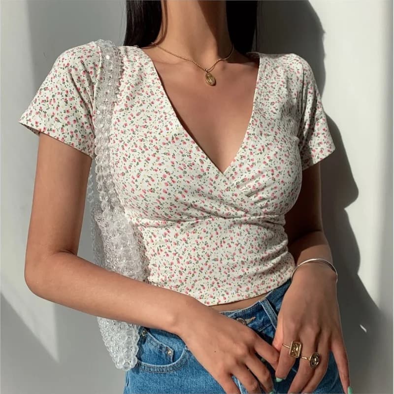 T-shirt à manches courtes et col en v pour femme, haut d'été, rétro français, floral, Slim, amincissant, sauvage, taille haute