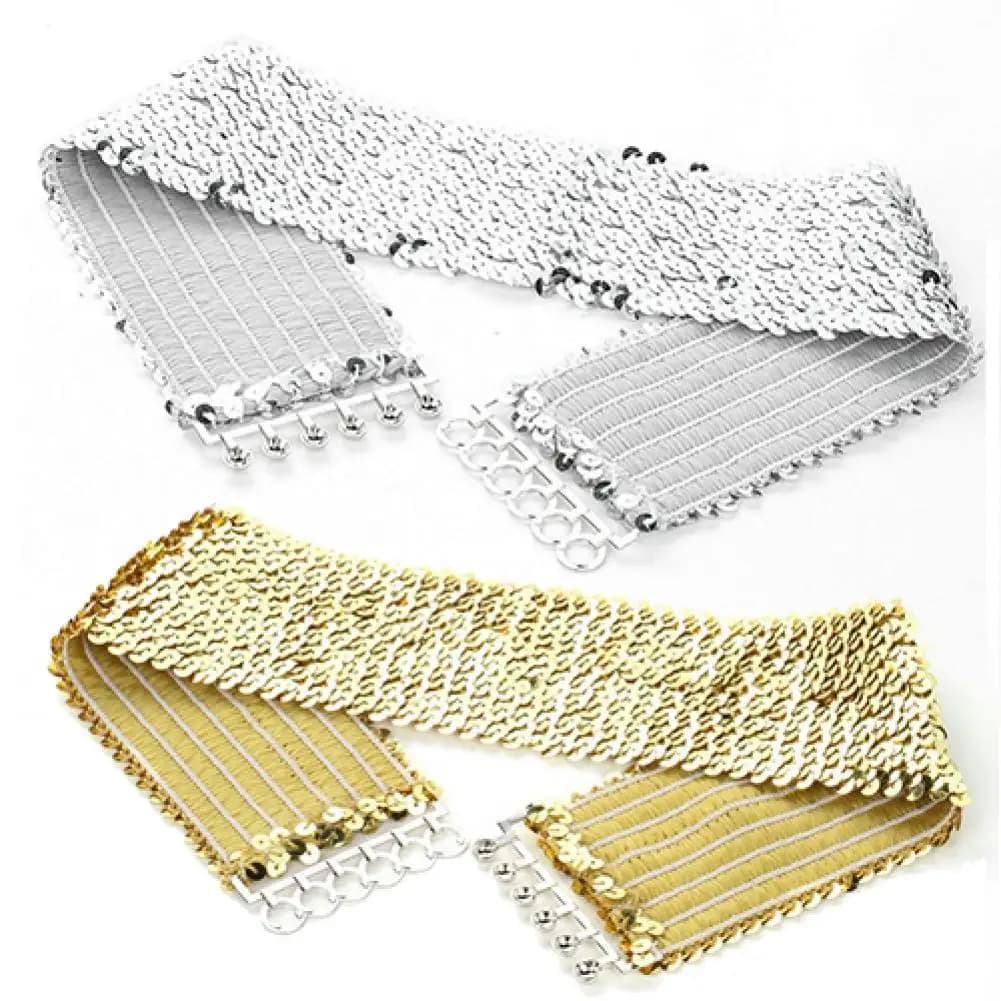 Ceinture couleur or argent Cool Punk paillettes scintillantes élastique extensible large ceinture femmes robe taille ceinture bijoux accessoires