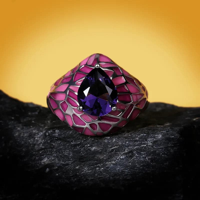 Bague en argent 925 pour femme, grand zircon bleu foncé, époxy rose, bijou créatif irrégulier, émail fait main, bijou exquis pour femme
