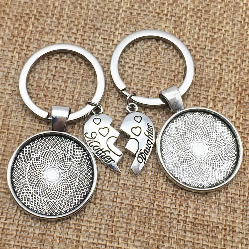 Ensemble de porte-clés «maman et fille» en alliage, Base de Cabochon en fleur, rond, 25mm, bijoux à faire soi-même