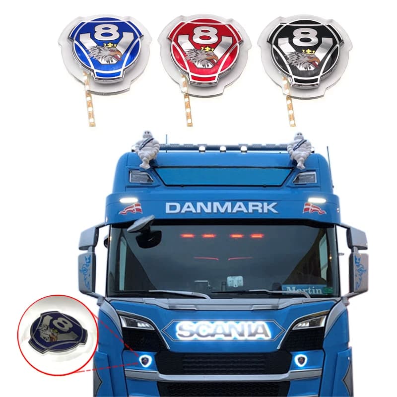 Grille de calandre avant personnalisée avec logo Griffin V8, badge d'emblème, bandes lumineuses LED blanches, fils d'éclairage, adapté aux camions suédois, 1 PC, 24V