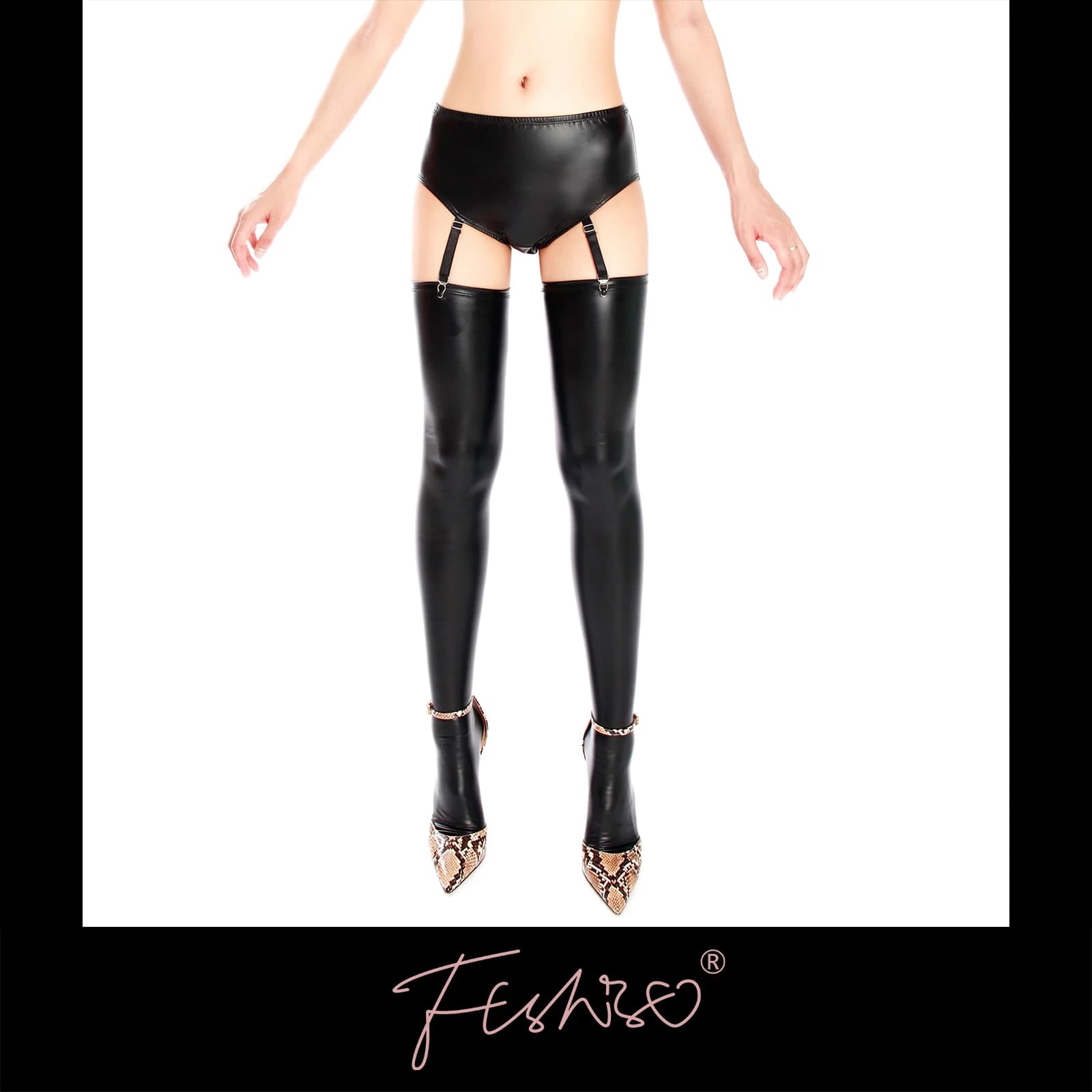 Ftshist slip aspect mouillé pour femme taille haute noir mat culotte en cuir PU ajustement jarretelles chaussettes Faux cuir Crossdress Lingerie