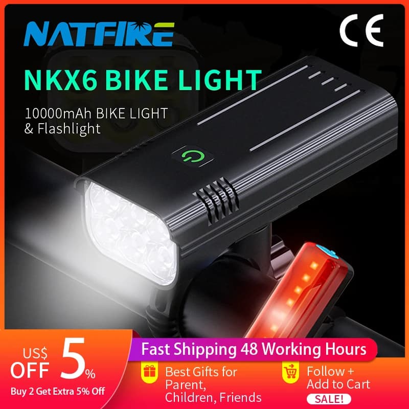 Lampe de poche avant aste USB pour vélo, lampe de vélo, lampe de sauna, lampes de vélo VTT, batterie 10000, 1200mAh, 18650