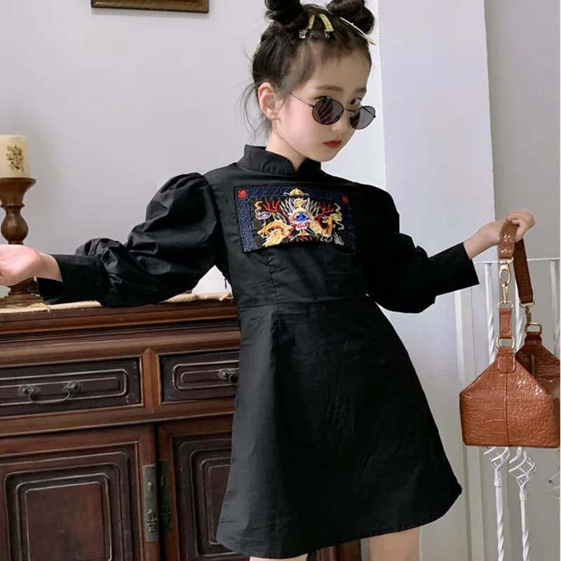 Robe de printemps et d'été pour filles, Style chinois, manches longues bouffantes, Dragon brodé, robe de princesse Slim, vêtements pour enfants