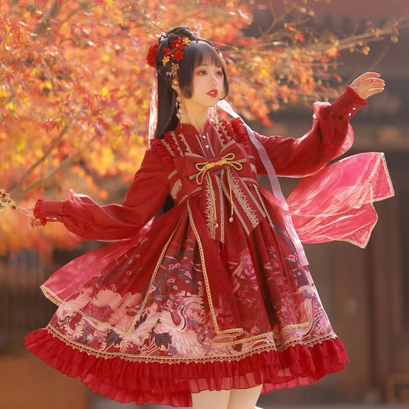 Lolita – robe de princesse en dentelle pour femmes, style chinois, avec nœud papillon, rétro, doux, imprimé victorien, kawaii, cosplay, loli
