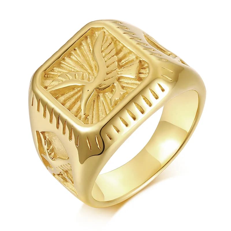Bague signet Aigle Chauve pour Homme, Bague Carrée en Acier Inoxydable Plaqué Or avec Motif Oiseau, Cadeau pour Papa et Fils