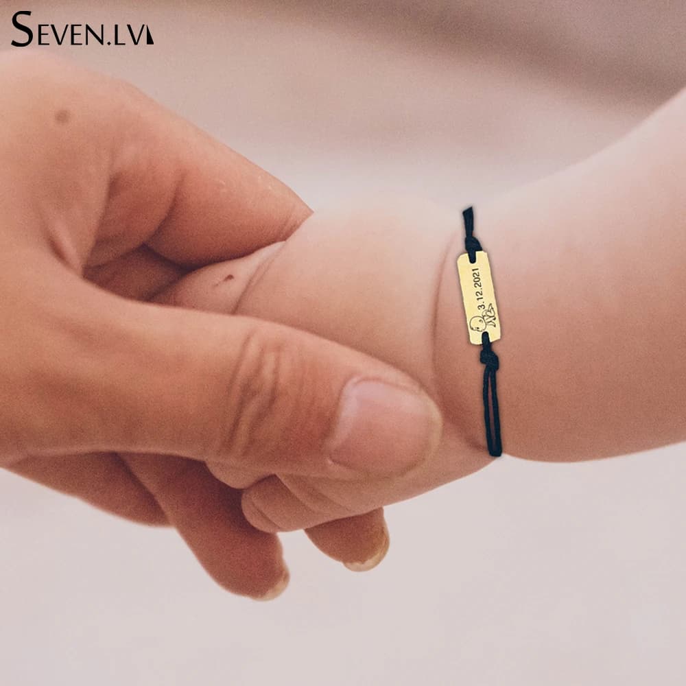 Bracelet personnalisé avec nom de bébé et date, en acier inoxydable, pour enfants, corde tressée réglable, bijoux cadeaux pour femmes et hommes