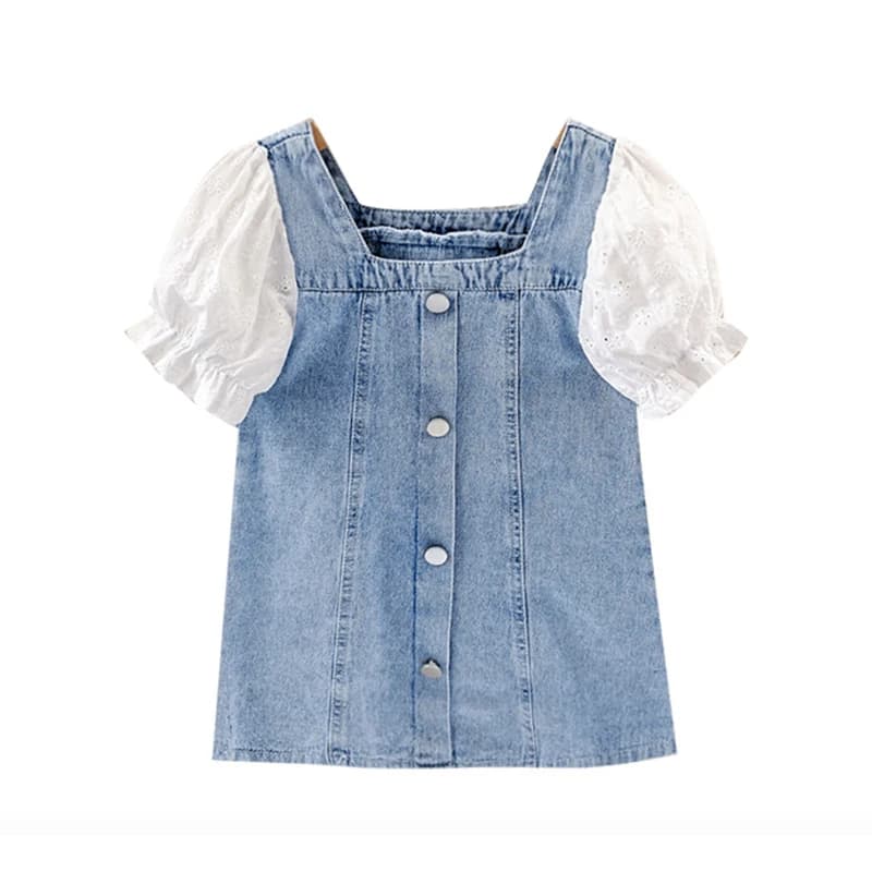 Robe d'été en dentelle pour filles de 2 à 9 ans, couleur unie, manches bouffantes, robe de princesse en Denim, nouvelle collection 2025