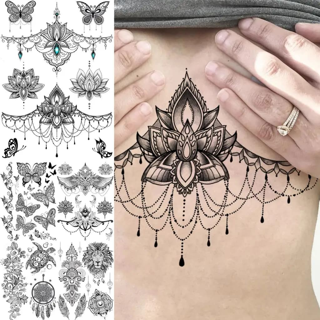 Lotus henné Mandala poitrine tatouages temporaires pour femmes sous le buste adulte papillon tortue Lion faux tatouage Sexy imperméable Tatoos